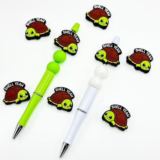 Cute Little Green Turtle Tortoise with Text Shell Yeah Silicone Focal Beads