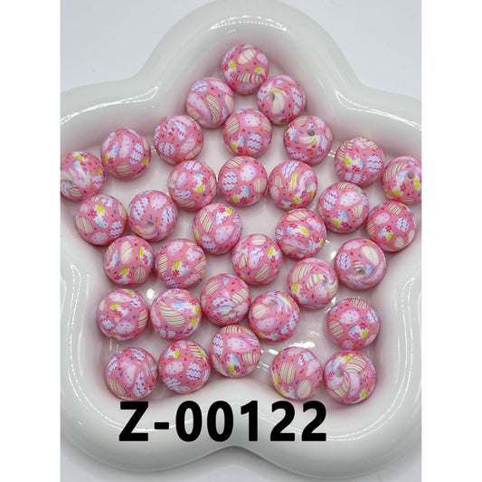 Small Flower with Pink Colorful Eggs Round Printed Silicone Beads 15mm, Number Z-00122