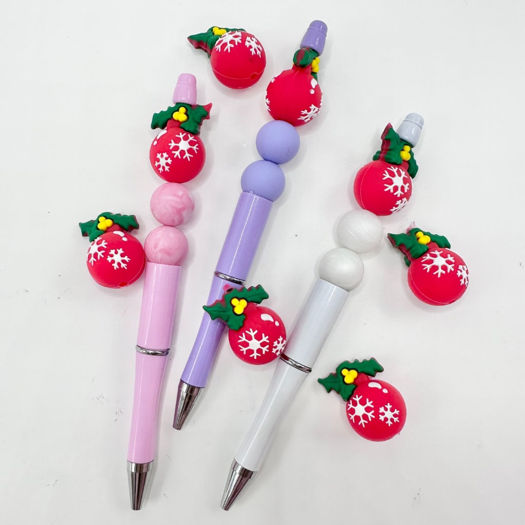 Red Christmas Ornament Ball Green Leaf Snow Flower Silicone Focal Beads