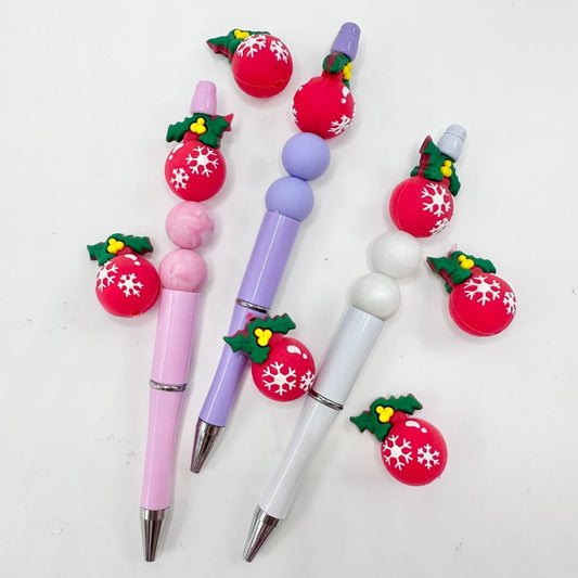 Red Christmas Ornament Ball Green Leaf Snow Flower Silicone Focal Beads