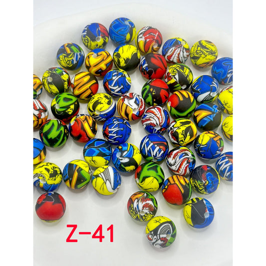 Abstarct Design with Multi-Color Patterns Round Printed Silicone Beads 15mm, Number Z-41