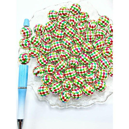 Red White Green Checkered Round UV Coating Acrylic Beads, Random Mix, 16MM
