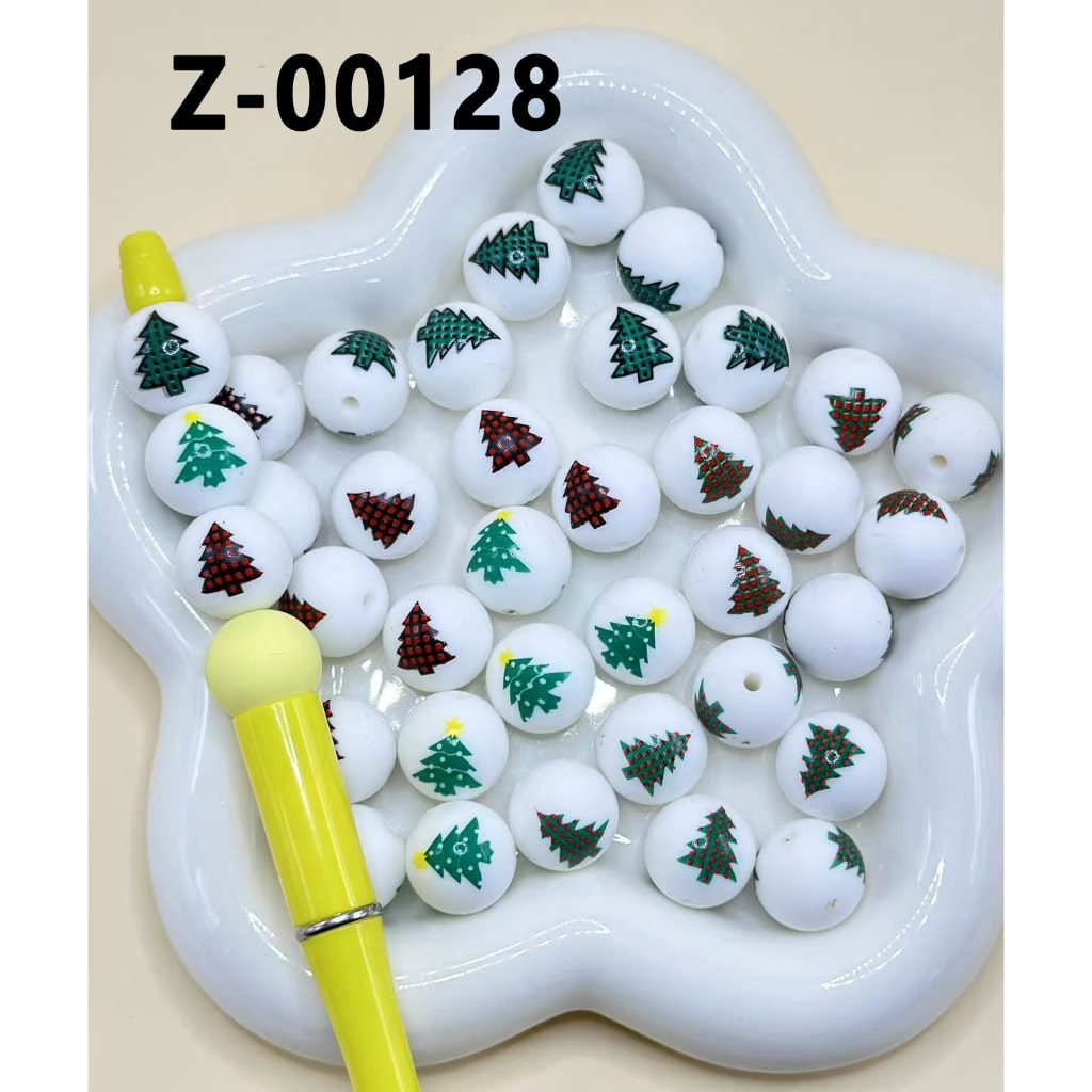 Vivid Pine Cute Christmas Tree White Round Printed Silicone Beads 15mm, Number Z-00128