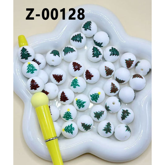 Vivid Pine Cute Christmas Tree White Round Printed Silicone Beads 15mm, Number Z-00128