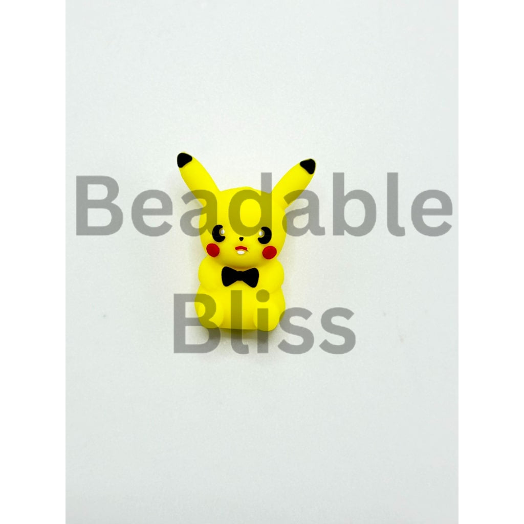 Yellow cartoon character with a bow tie on a white background

