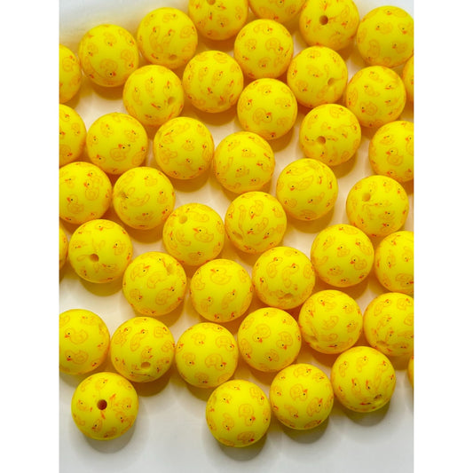 Cute Duckling Pattern Little Yellow Round Printed Silicone Beads 15mm, Number Z-46