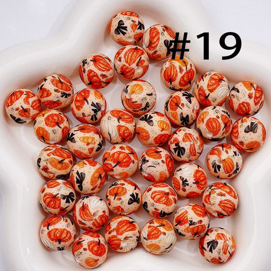 Orange Pumpkin & Black Bowknot Prints Bow Designs with Flowers & Stars, Beige 15MM Silicone Beads Random Mix