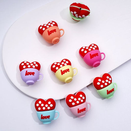 3D Cute Red Hearts Love Cups with White Spots Inside Silicone Focal Beads