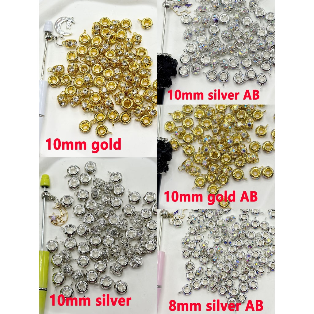 Alloy Bail Beads in Silver and Golden Color with AB or Clear Rhinestones