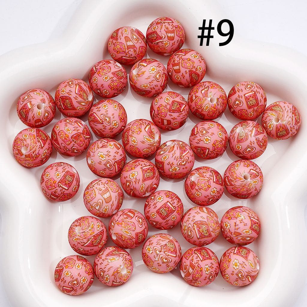 Cute Pink Red Flower Book Heart Candle Pattern Printed Silicone Beads 15mm