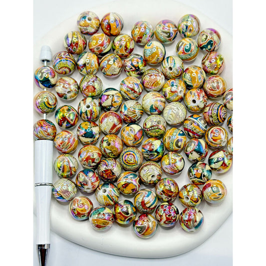 Round Abstract Art Design Acrylic Beads, Random Mix, 16MM