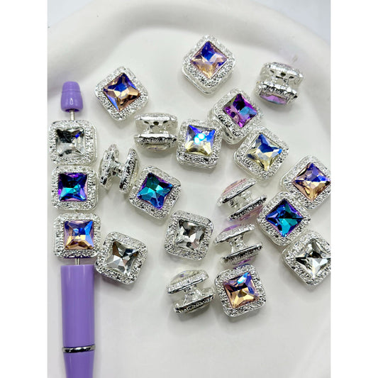 Silver Metal Beads Double Layer Square Rhinestone, Random Mix, 16MM