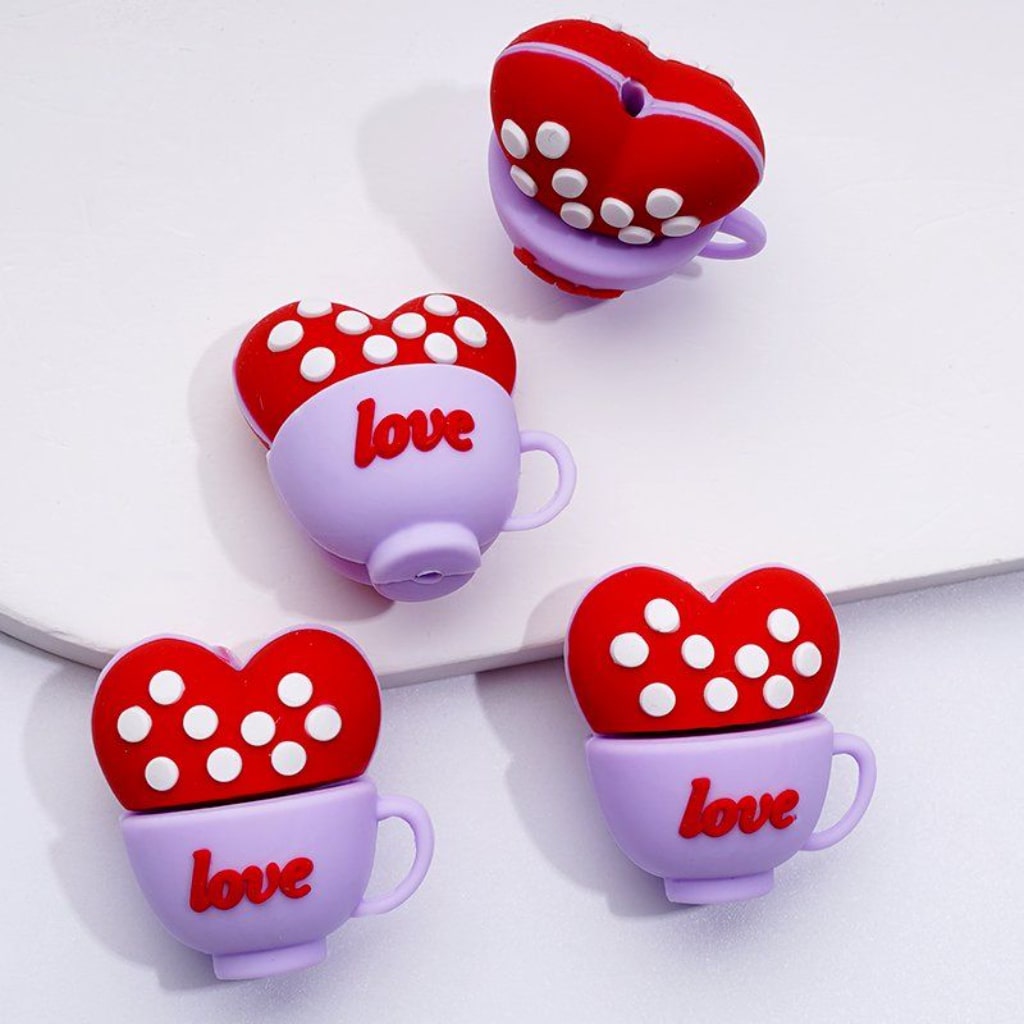 3D Cute Red Hearts Love Cups with White Spots Inside Silicone Focal Beads