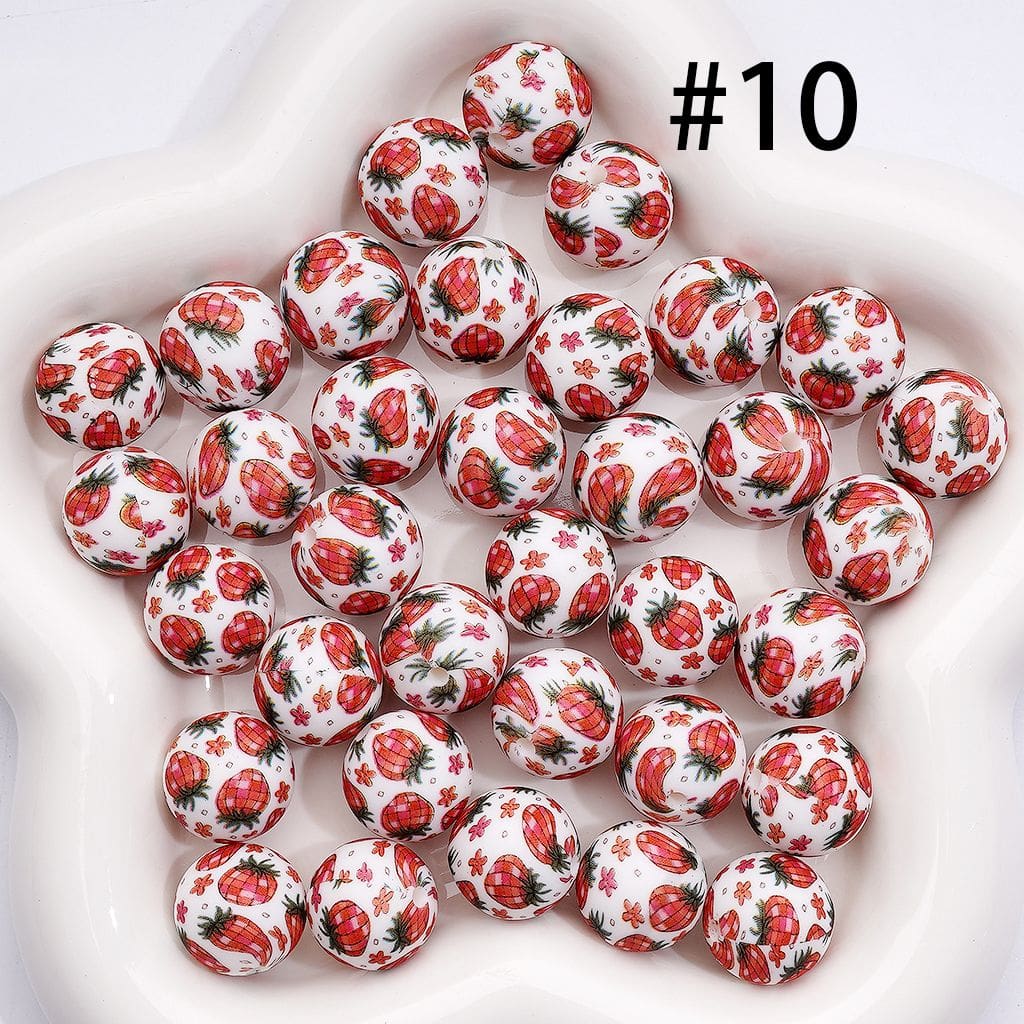 Cute Strawberry Print 15mm Printed Round Silicone Beads