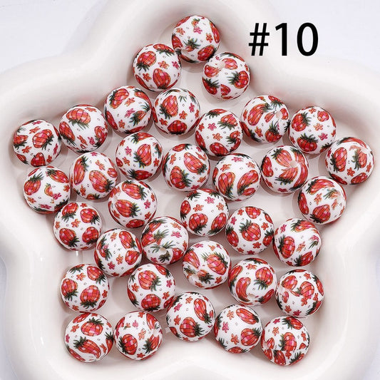 Cute Strawberry Print 15mm Printed Round Silicone Beads