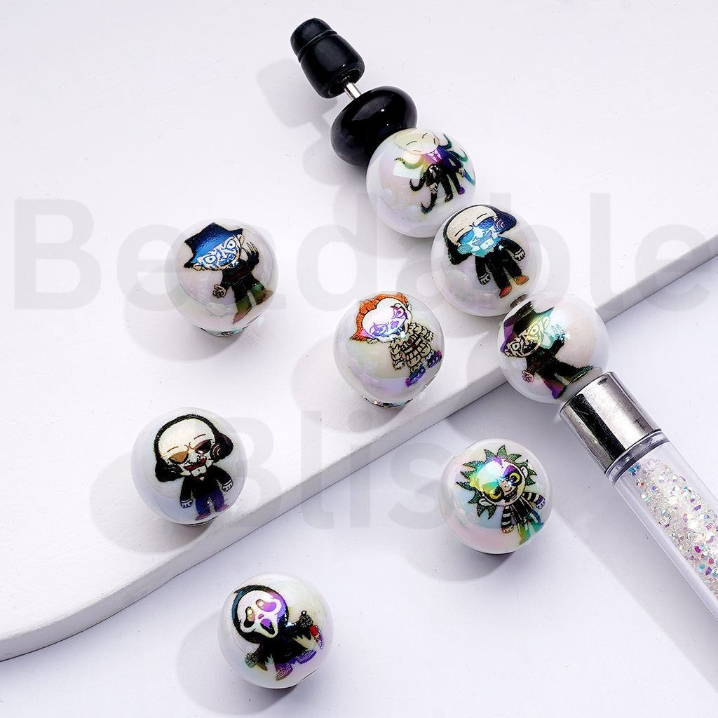 UV Coating Haunted Series White Round Acrylic Beads, 16MM, Random Mix