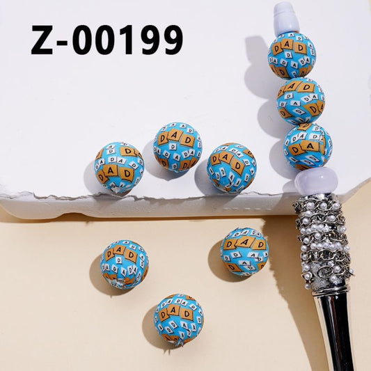 Printed Dad Father Blue Silicone Beads 15MM, Number Z-00199