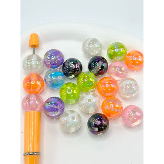 Round Clear See Through Acrylic Beads with Watermelon Vertical Stripes, Random Mix, 16MM
