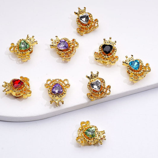 Shiny Gold Alloy Beads Heart with Crown Design 14*16MM Rhinestone Accents