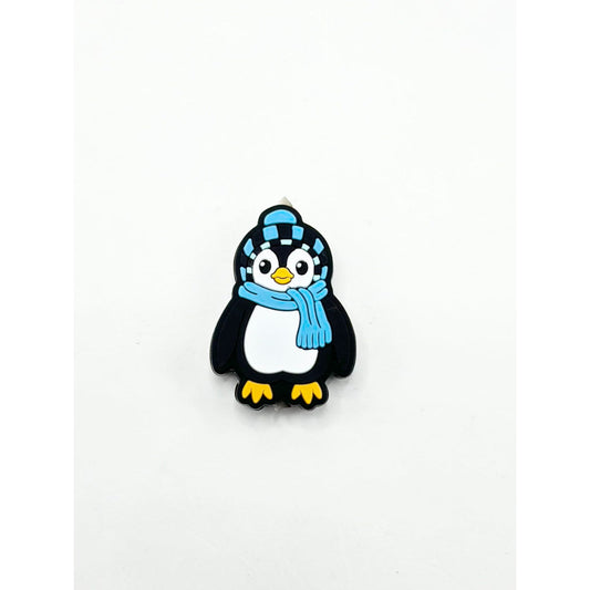 Cute Penguin with Blue Scarf and Blue Black Stripe Hat Silicone Focal Beads