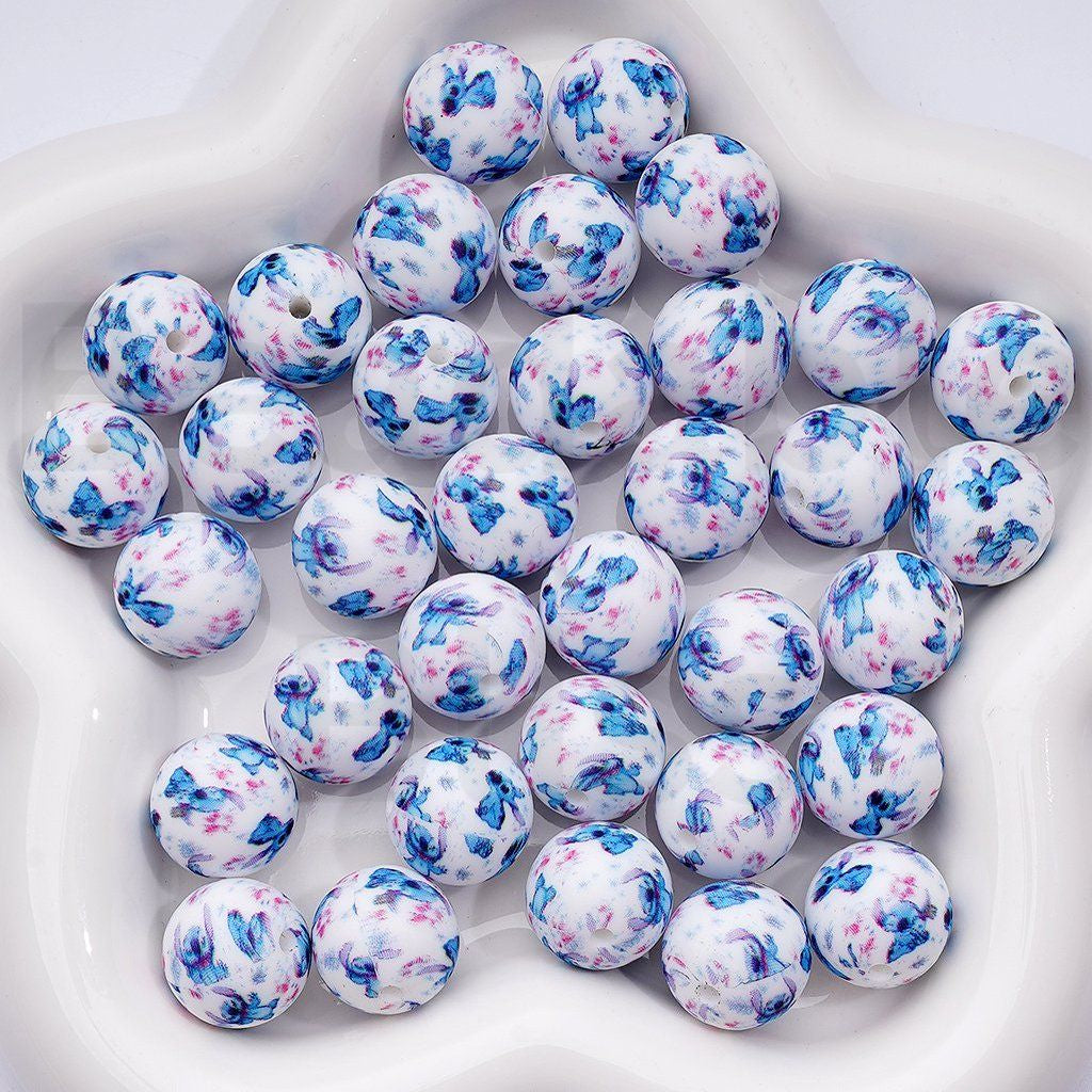 Adorable Blue & White Silicone Beads Printed Stitch Inspired Design, 15MM (Z-00246)