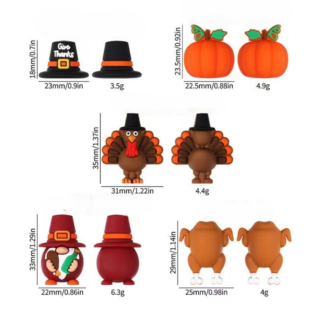 Autumn Harvest Silicone Beads 3D Turkey Gnome & Pumpkin Designs in Random Mix