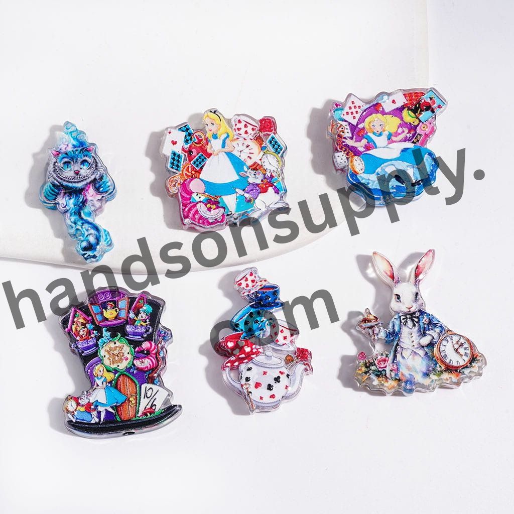 Fantasy Alice Girl Falling into a Rabbit Hole Printed Series Semi-Clear Acrylic Beads, Random Mix