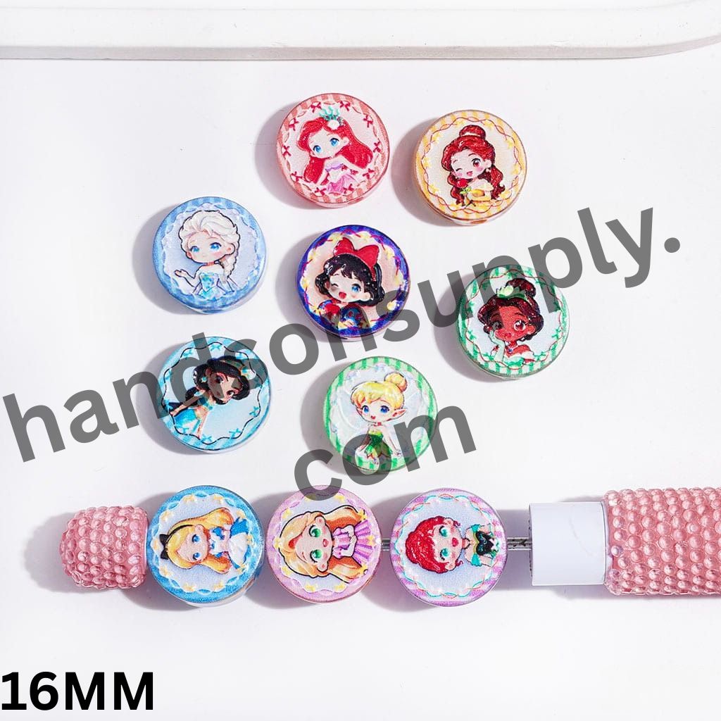 Classic Royal Princess Character Print Semi-Clear Flat Round Shape Acrylic Beads, 16MM, Random Mix