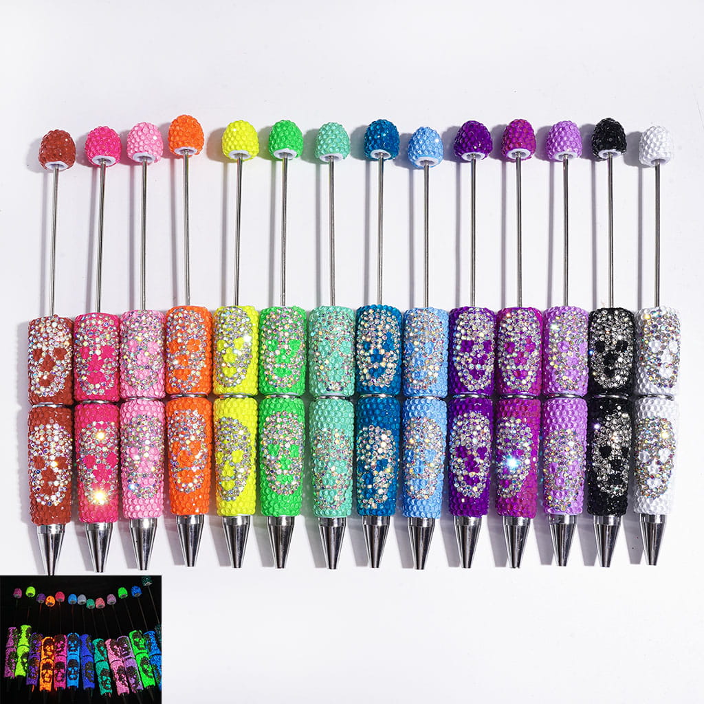 Halloween Skull Head Beadable Clay Pens with Full-Coverage Luminous AB Rhinestones, Multicolor