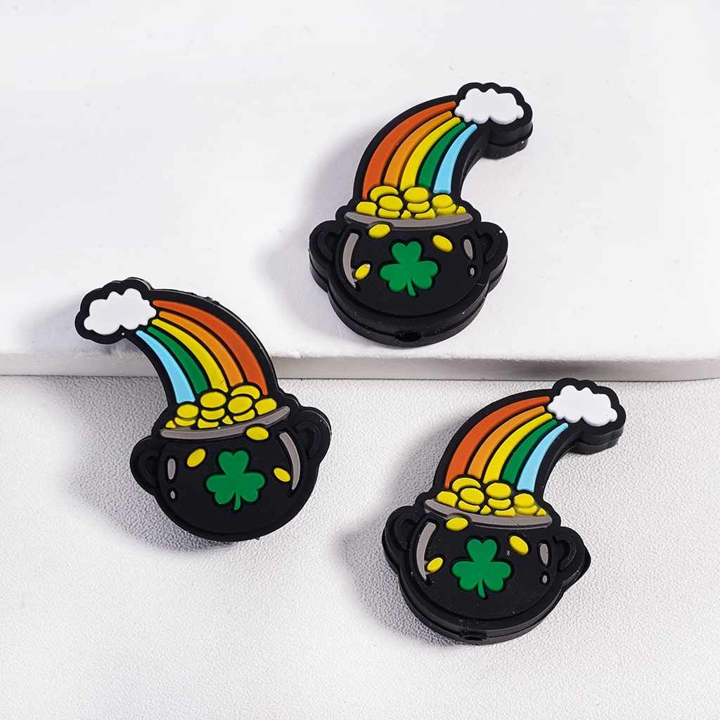 St. Patrick’s Day Clover & Gold Coin Cauldron Rainbow Charms Silicone Focal Beads