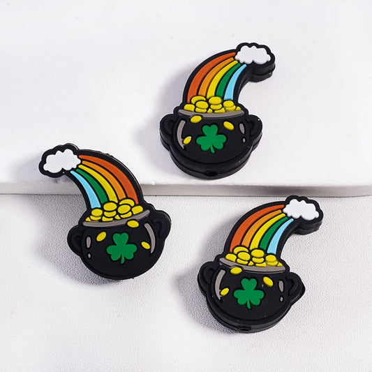 St. Patrick’s Day Clover & Gold Coin Cauldron Rainbow Charms Silicone Focal Beads