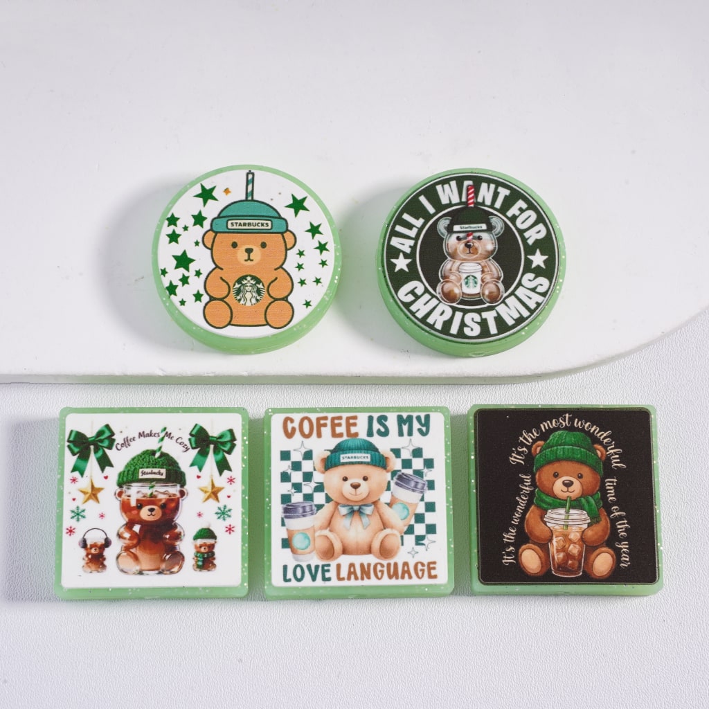 Silver Glitter & Brown Bear Coffee Series Flat Round & Square Shape Silicone Focal Beads Random Mix