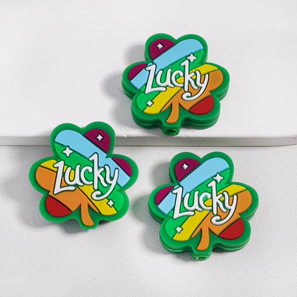MultiColor Clover with ‘Lucky’ Text St. Patrick's Day Silicone Beads