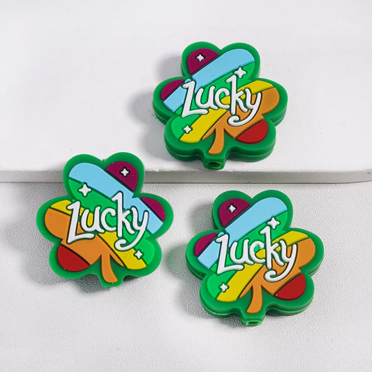 MultiColor Clover with ‘Lucky’ Text St. Patrick's Day Silicone Beads