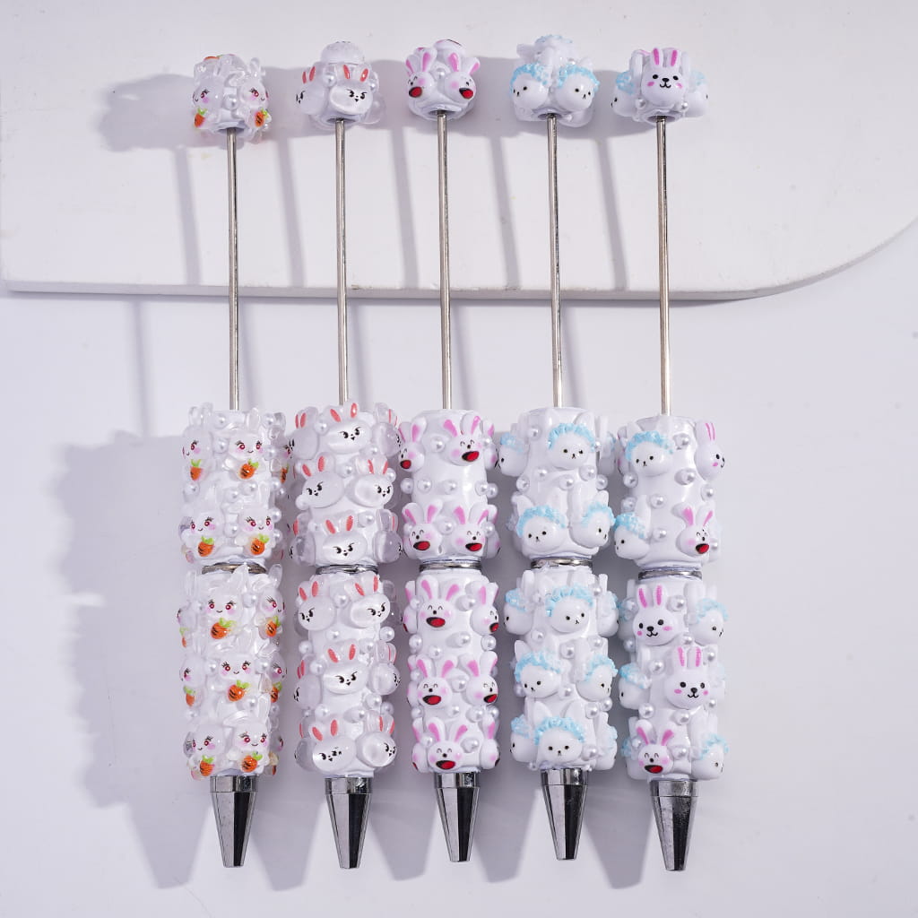 Beadable Clay Pens with Lovely Rabbit Bunny Faces & White Pearls Random Mix
