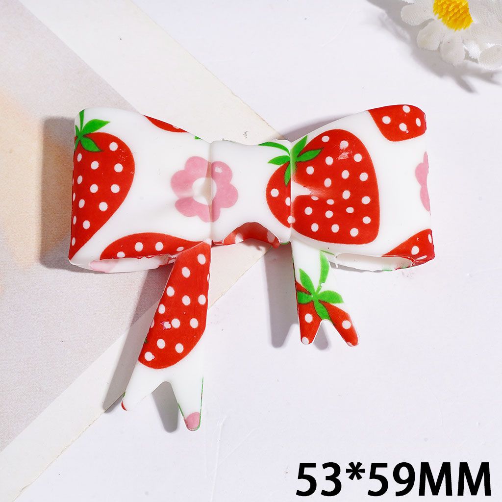 Silicone Focal Beads Soft Bowtie with Red Strawberry and Pink Flower Prints, 53*59MM