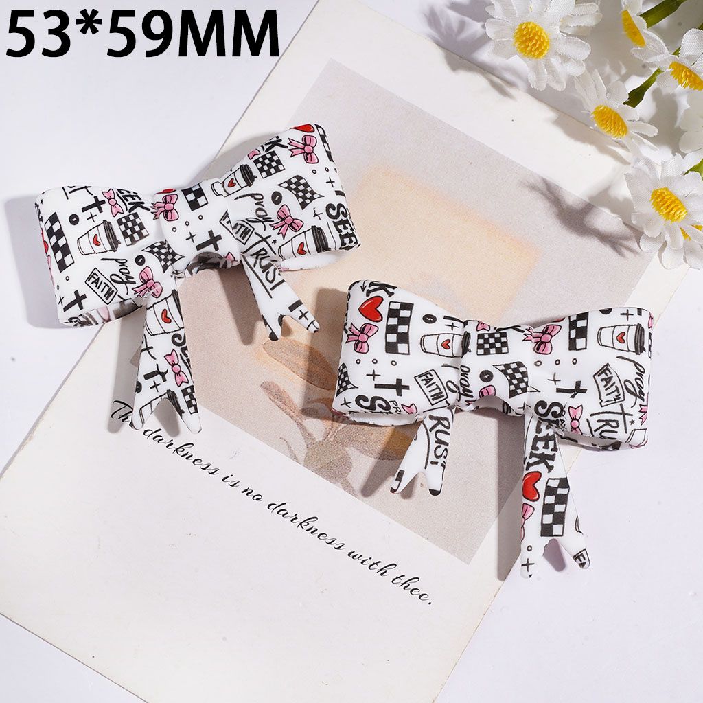 Whimsical Soft Bowtie with Cross, Checkerboard, Heart & Coffee Graffiti Prints Silicone Focal Bead, 53*59MM
