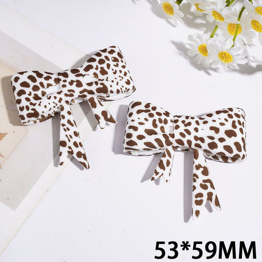 Adorable White Bowtie with Brown Wild Leopard Print Silicone Focal Beads, 53*59MM