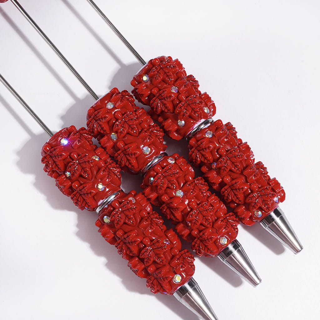 Autumn Red Maple Leaf Design with Sparkling AB Rhinestones Beadable Clay Pens