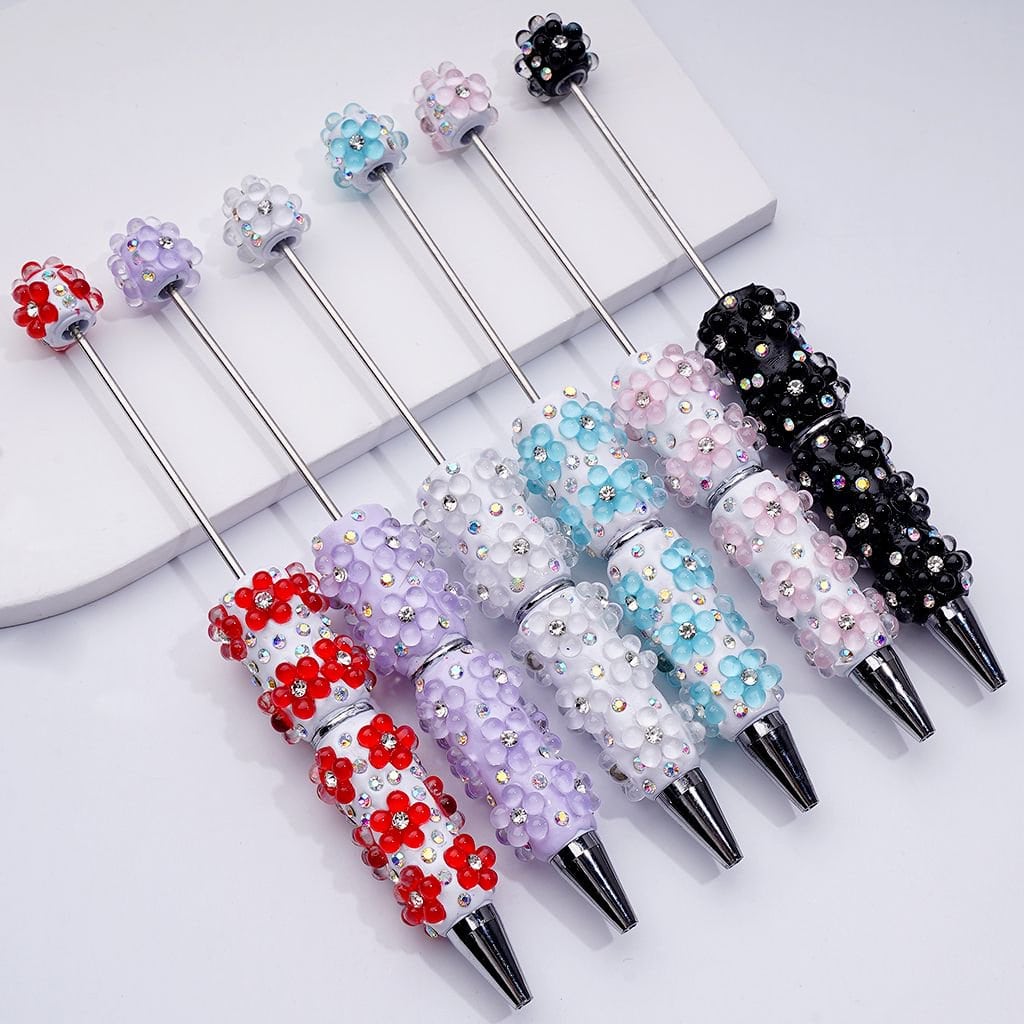 Beadable Clay Pens with Sparkling AB Rhinestone Flowers – Mini Five-Petaled Clear Design