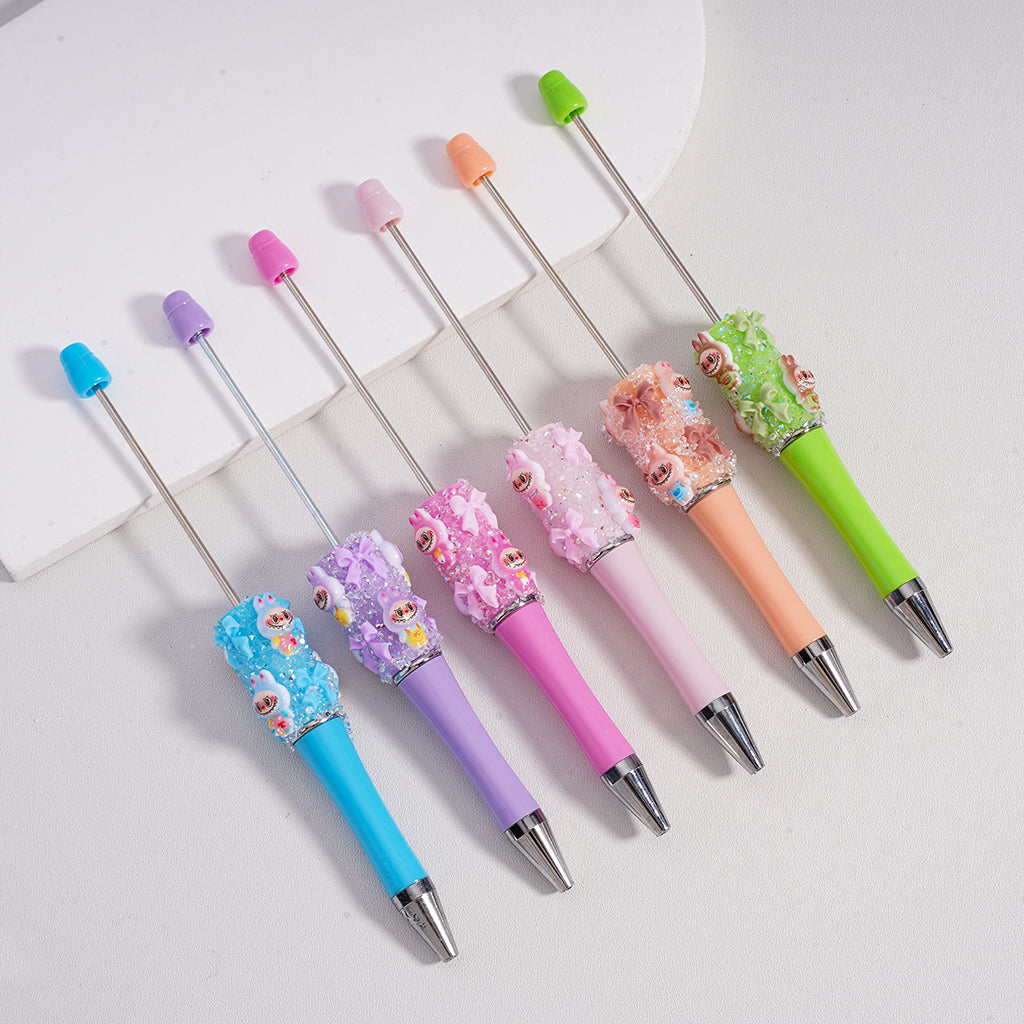Beadable Pen with Cute Collectible  Monster Doll Pop Mar Glitter Bowtie Shiny Pearls Clear Sugar in Solid Color