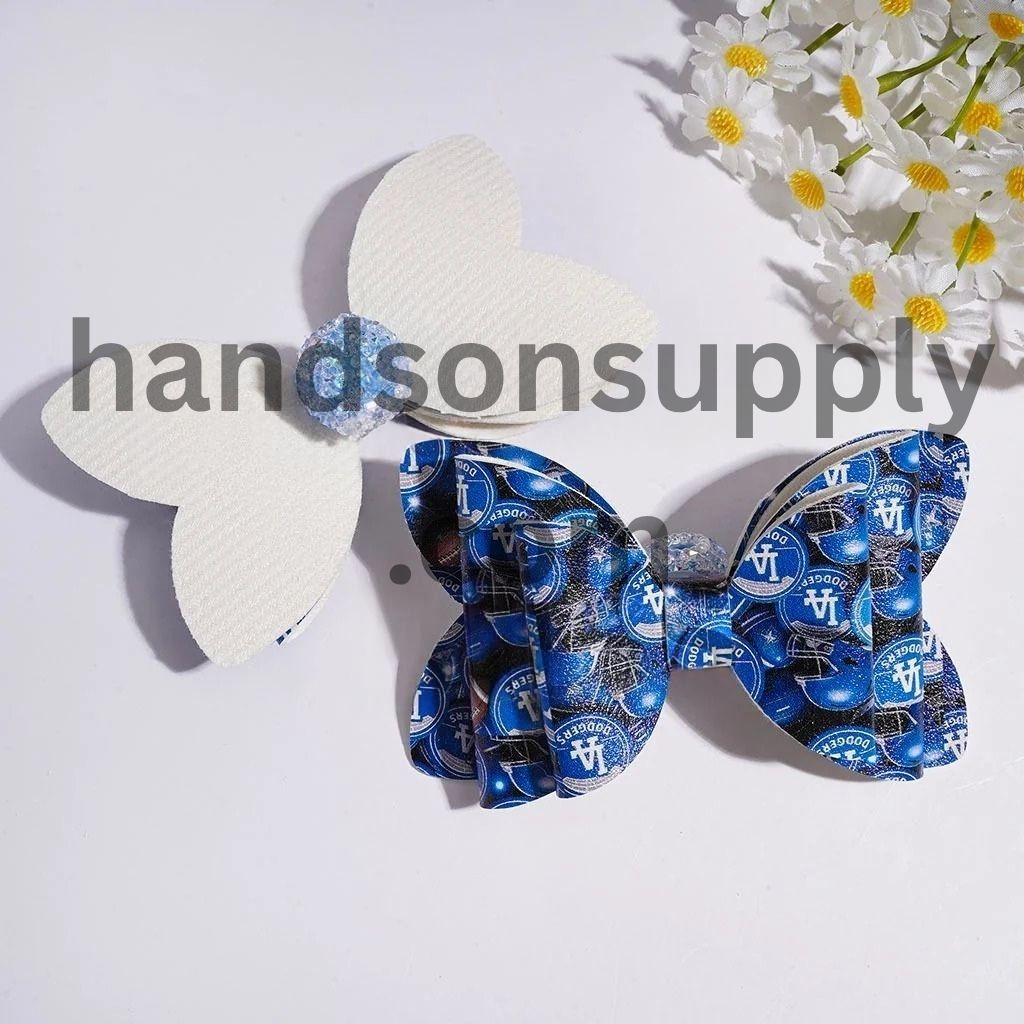 Sporty USA Football Team Pattern Printed Fabric Bowtie with Sparkling AB Rhinestone & Clear Ball Chains Acrylic Sugar Beads