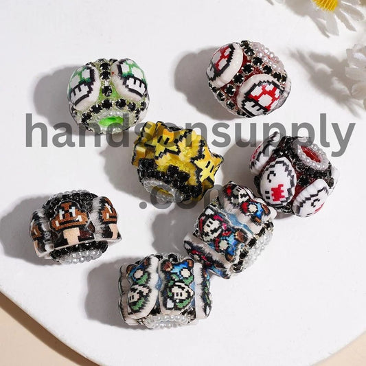 Playful Plumber Character Series with Black Rhinestone & White Pearl Chains Handmade Acrylic Beads, 20MM, Random Mix