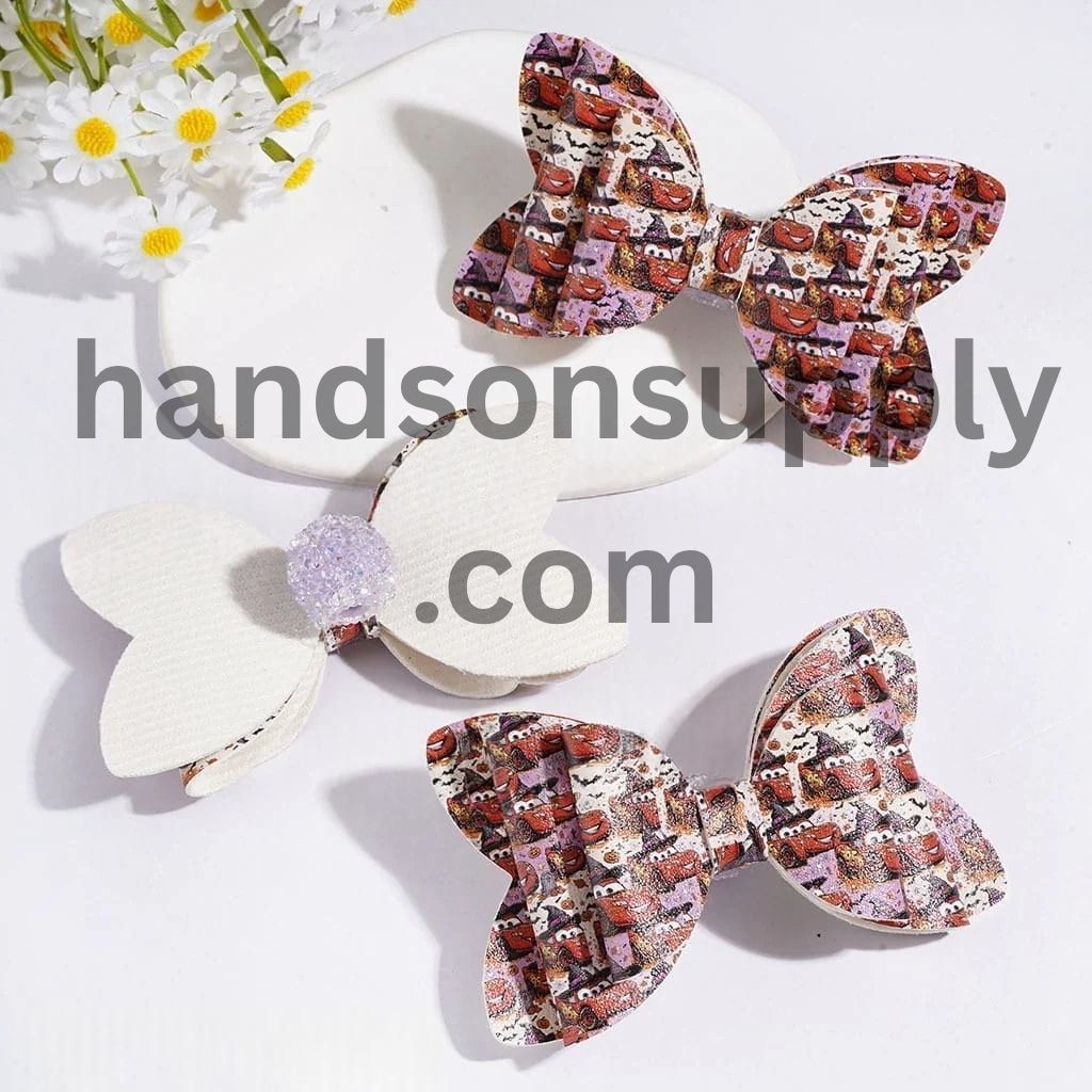 Funky Sports Car Character Fabric Bowtie with Sparkling AB Rhinestone & Clear Ball Chains, Halloween Theme, Acrylic Sugar Beads, 56*91MM