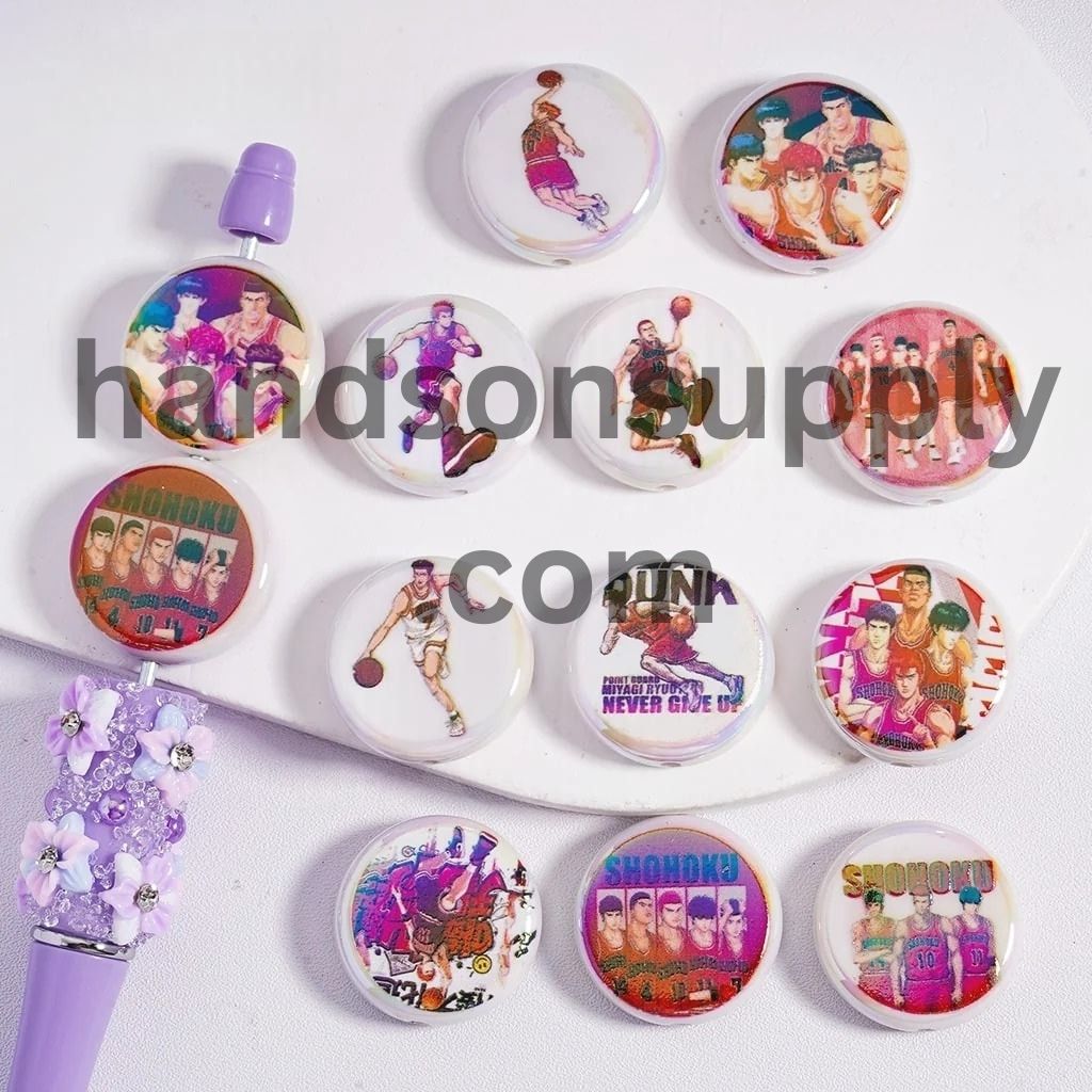 UV Coating Slam Dun Japan Anime Prints Flat Round Acrylic Beads 23MM, Random Mix