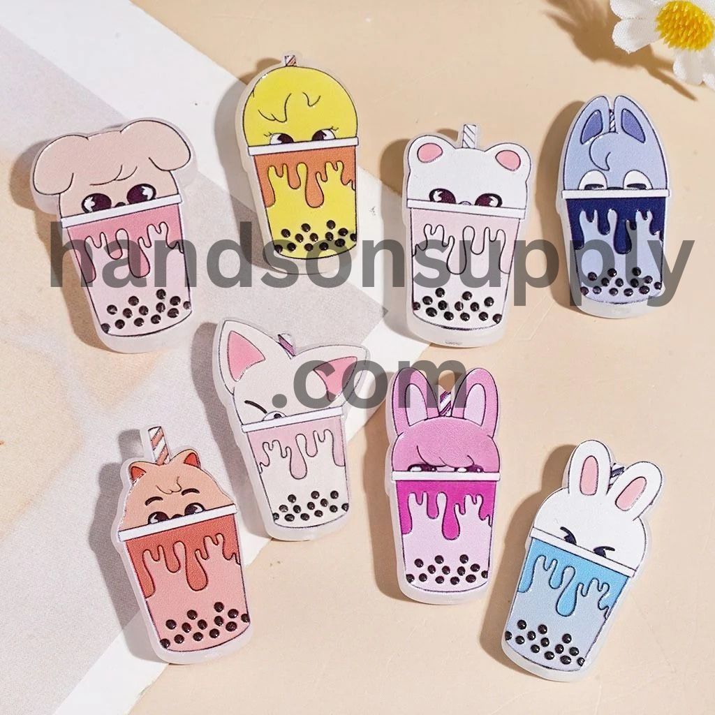 Playful Bubble Tea Cup with Cute Animal Head Acrylic Beads, 31MM, Assorted Colors, Random Mix