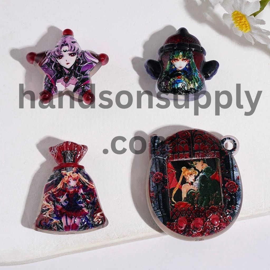 Flat Magical Girl and Boy Guardian Character Series in Dark Red Acrylic Beads and Pendants, Random Mix