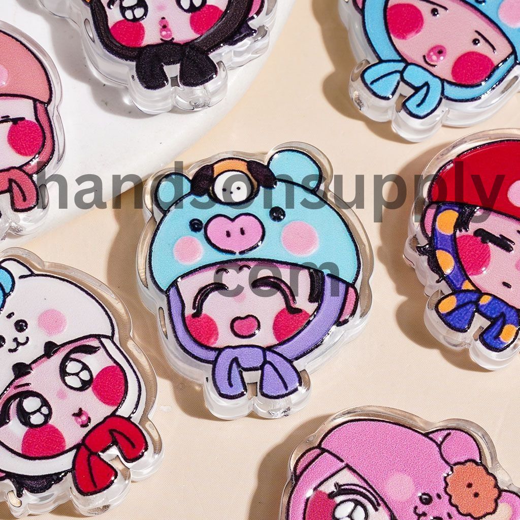Cheerful Little Kid Characters with Cute Animal Hats Semi-Clear Acrylic Beads, Random Mix