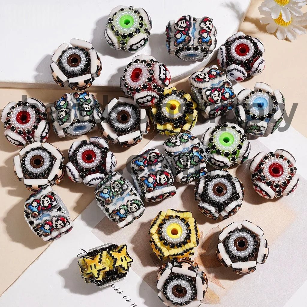 Playful Plumber Character Series with Black Rhinestone & White Pearl Chains Handmade Acrylic Beads, 20MM, Random Mix