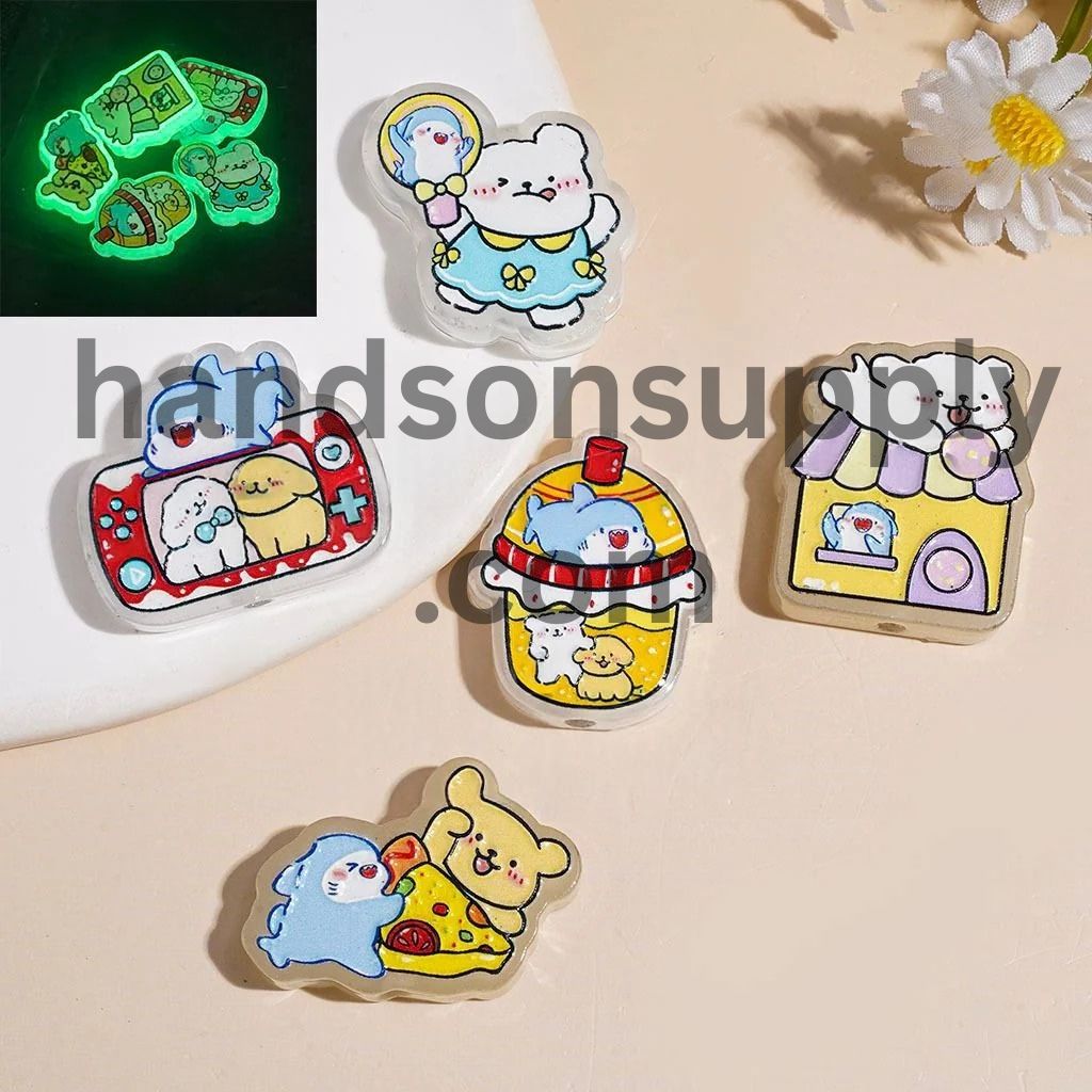 Luminous Cheerful Puppy Dog & Shark Series Print Acrylic Beads, Random Mix